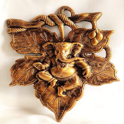 Akriti Brass Art Wares Metal Aluminum Lord Ganesha On Leaf Wall Hanging Statue Size(L*B*H - 19CM*2CM*28CM) 370 Grams, Brass- Golden Antique, 1 Piece