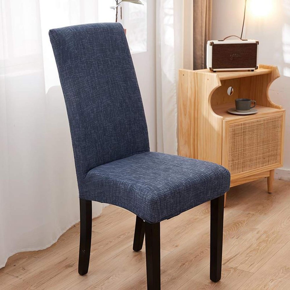 Lukzer 1PC Dark Blue Lining Design Stretchable Dining Chair Cover | Universal Fit Removable Washable Slipcover | 140 GSM Polyester Spandex | Elastic Protective Cover for Home & Hotel Chairs CC-023-01