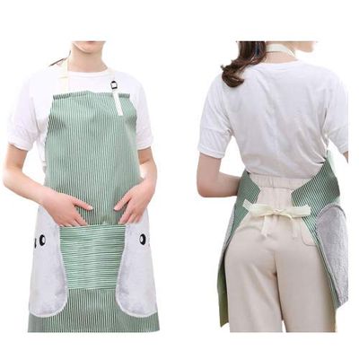 ONICORN 1 PCS Waterproof & Adjustable Durable Stripe Chef Bib Apron with Convenient Pocket and 2 Side Coral Velvet Towels Stitched, for Home Kitchen, Grill, Cooking, Restaurant. (Green)