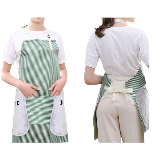 ONICORN 1 PCS Waterproof & Adjustable Durable Stripe Chef Bib Apron with Convenient Pocket and 2 Side Coral Velvet Towels Stitched, for Home Kitchen, Grill, Cooking, Restaurant. (Green)