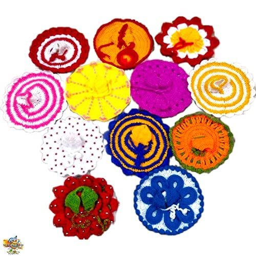 Brij Sugandha Laddu Gopal Woolen Poshak & Cap Set - Mix Designs of Bright Colored Baby Soft Wool Poshak of Lord Krishna Ladoo Gopal Radha Krishna Idol Winter Dress | Set of (4, 2 NO.)