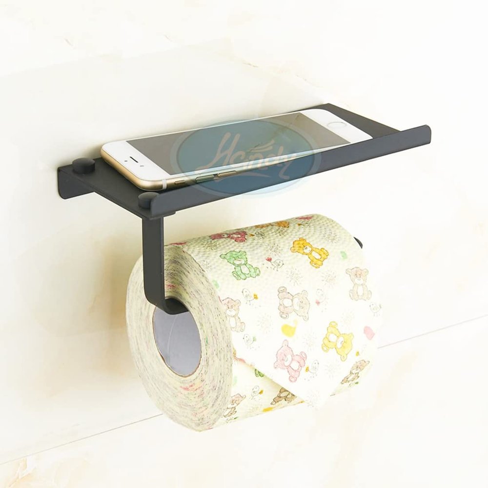 HANDY Bathroom Accessories Stainless Steel Black Toilet Paper Holder with Shelf, Toilet Paper Dispenser, Tissue Dispenser with Phone Shelf Perfect for Baby Wipe| Pack of 1 pcs