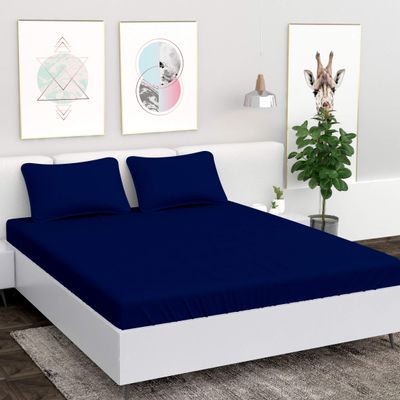 VOMZER 144 Tc 100% Soft Microfiber Solid & Plain Bedsheet for Double Bed with 2 Pillow Covers, Size 95 inch x 90 inch- (Double, Navy Blue)