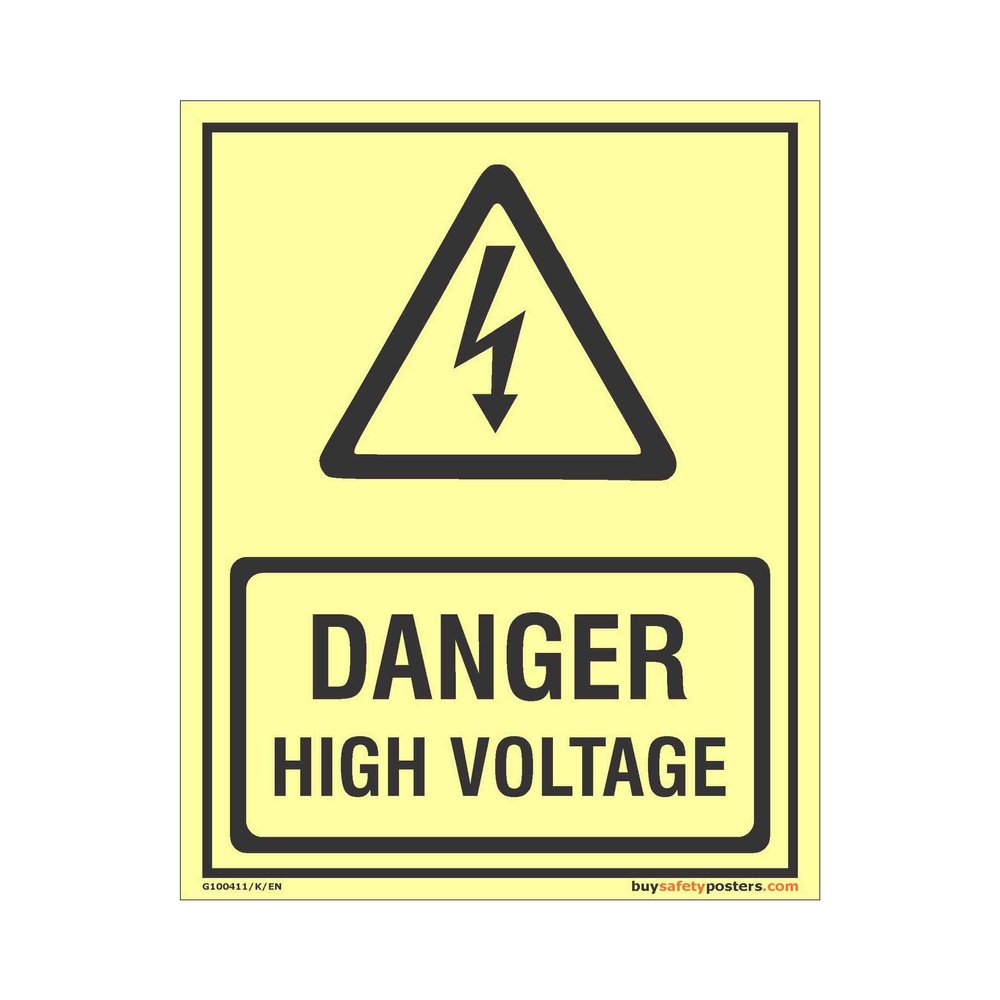 buysafetyposters.com - Danger High Voltage Glow Sign - Glow In Dark Eco Vinyl Sticker - (375 mm X 250 mm)