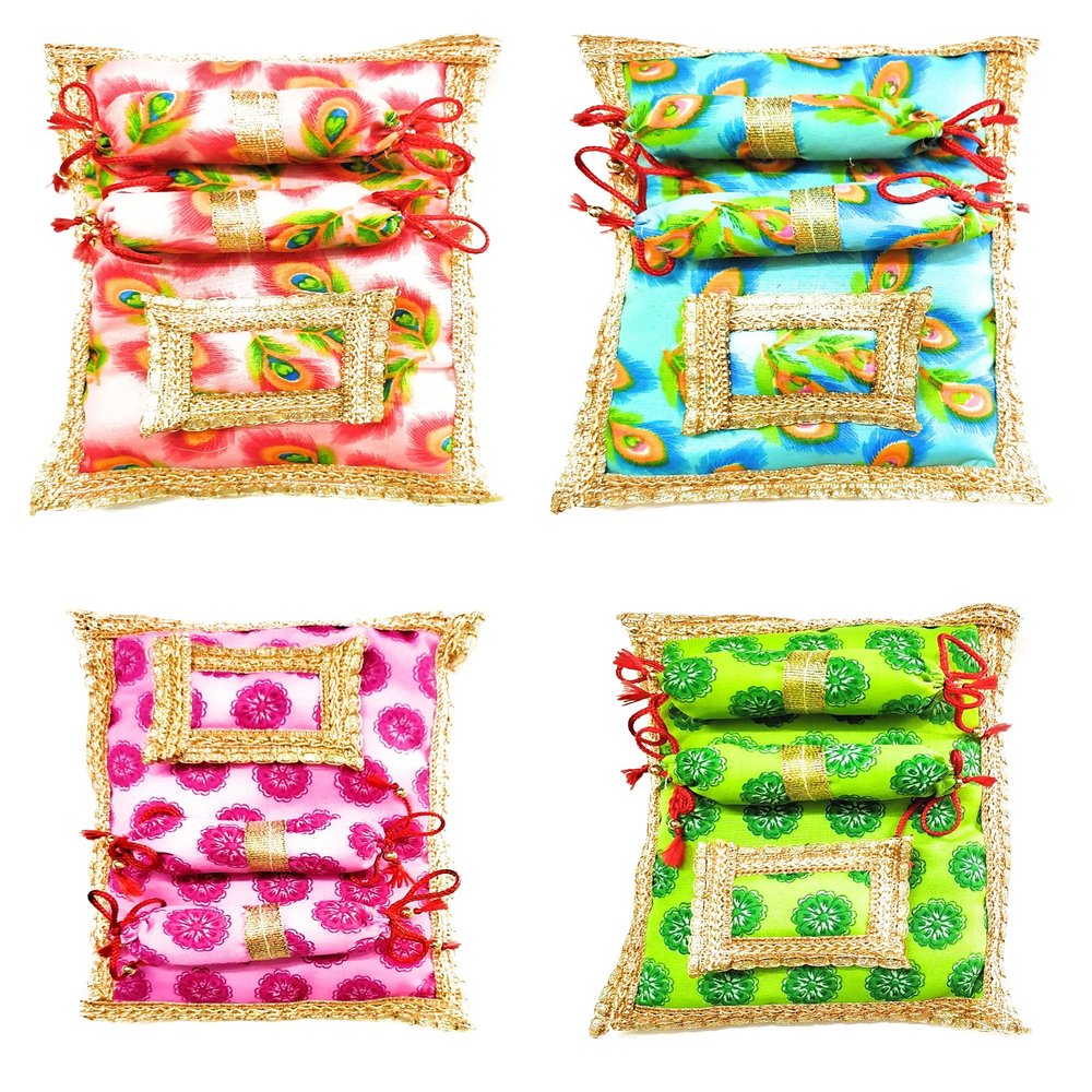 Chircrafts Cotton Laddu Bal Gopal Shree Krishna/ Kanhaji Thakurji Rajai Gadda Bedding Set with Rajai and Pillow (Green)- Combo-4