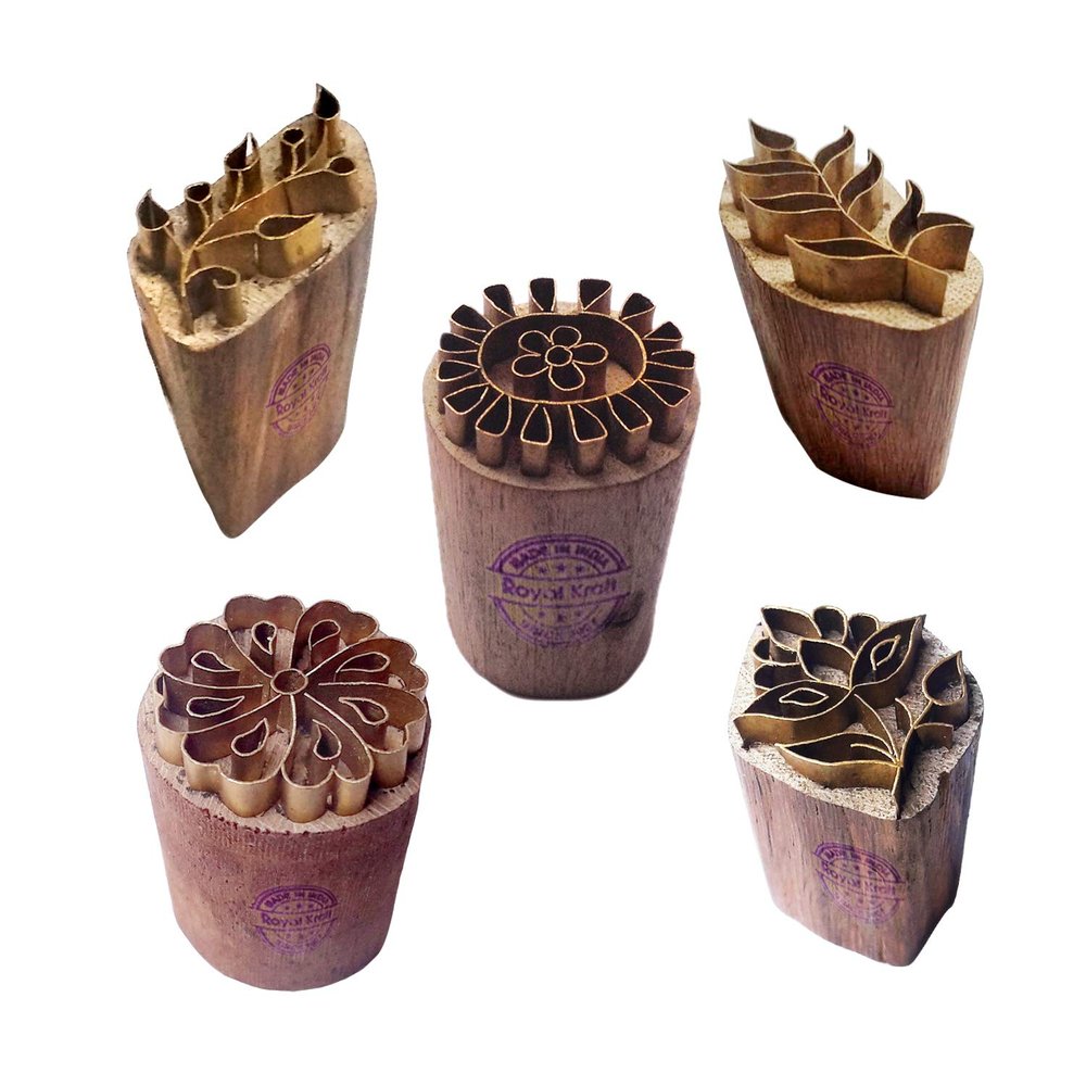 Royal Kraft Floral Brass Wooden Printing Stamps (Set of 5) - DIY Fabric, Clay, Pottery Blocks BHtag0005