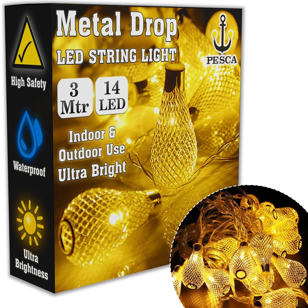 PESCA Metal Drop String Lights for Indoor Outdoor Decoration Diwali Light for Party Birthday Diwali Christmas Navratri Valentine Gift Home Decoration Light (3 Meter 14 LED, Warm White)