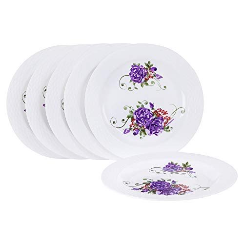 Cutting EDGE Round Colorful Set of Dinner Plates with Floral Printed Design for Families, Parties, Unbreakable, Kid Friendly, Microwave Safe, Dishwasher Safe, (Set of 6, Purple Rose)