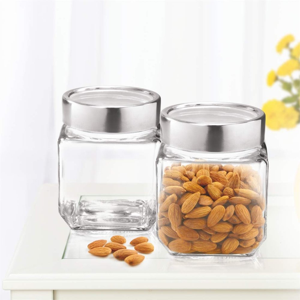 Brezzycloud 580ml Cube Jar, Transparent Glass Sealed Jar, Kitchen Glass Bottle for Spices, Dryfruits and food, Kitchen Storage Glass Jar (Set Of 2)