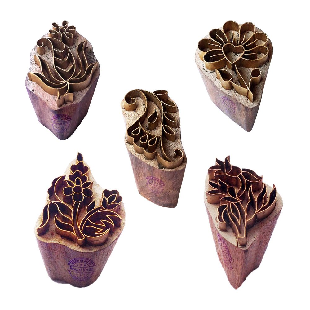 Royal Kraft Floral Brass Wooden Printing Stamps (Set of 5) - DIY Fabric, Clay, Pottery Blocks BHtag0006