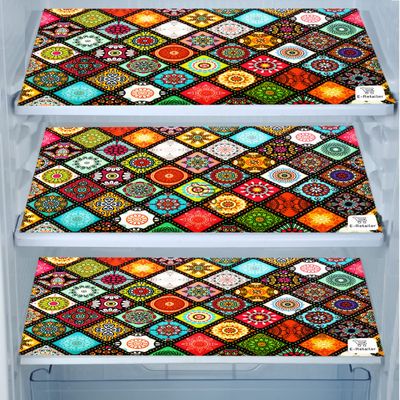 E-Retailer Waterproof PVC Refrigerator Drawer Mats/Multipurpose Mats/Fridge Mats Set of 3 Pcs (Color-Ethnic Multi, Size-17.5X11.5 Inches)