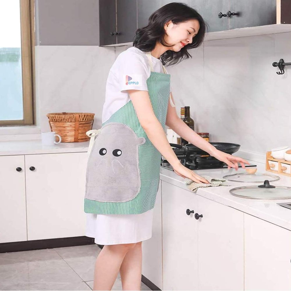 pepplo 1 PCS Cooking Apron Chef Apron,Waterproof and Oil-Proof Cooking Kitchen Apron with Pockets, Suitable for Men and Women, Coral Velvet Towel Stitched (Green)