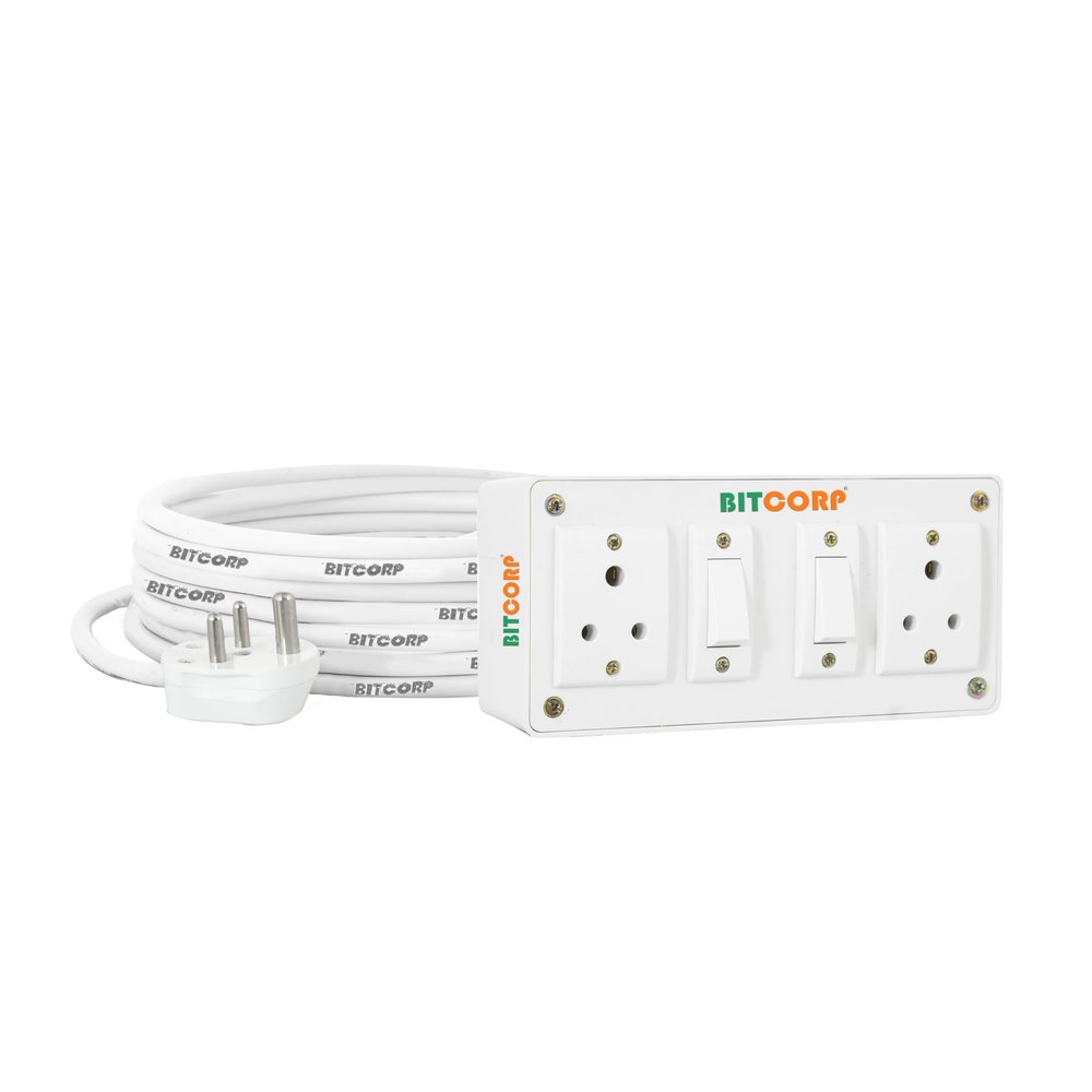 Bitcorp Electric Power Strip, 6A 1500W, 2 Socket 2 Switch Extension Board, Surge Protected, 3 Meter Cord for Home, Office Appliances, Cooler, Fridge, Air Conditioner, PC (White) 220 Volts