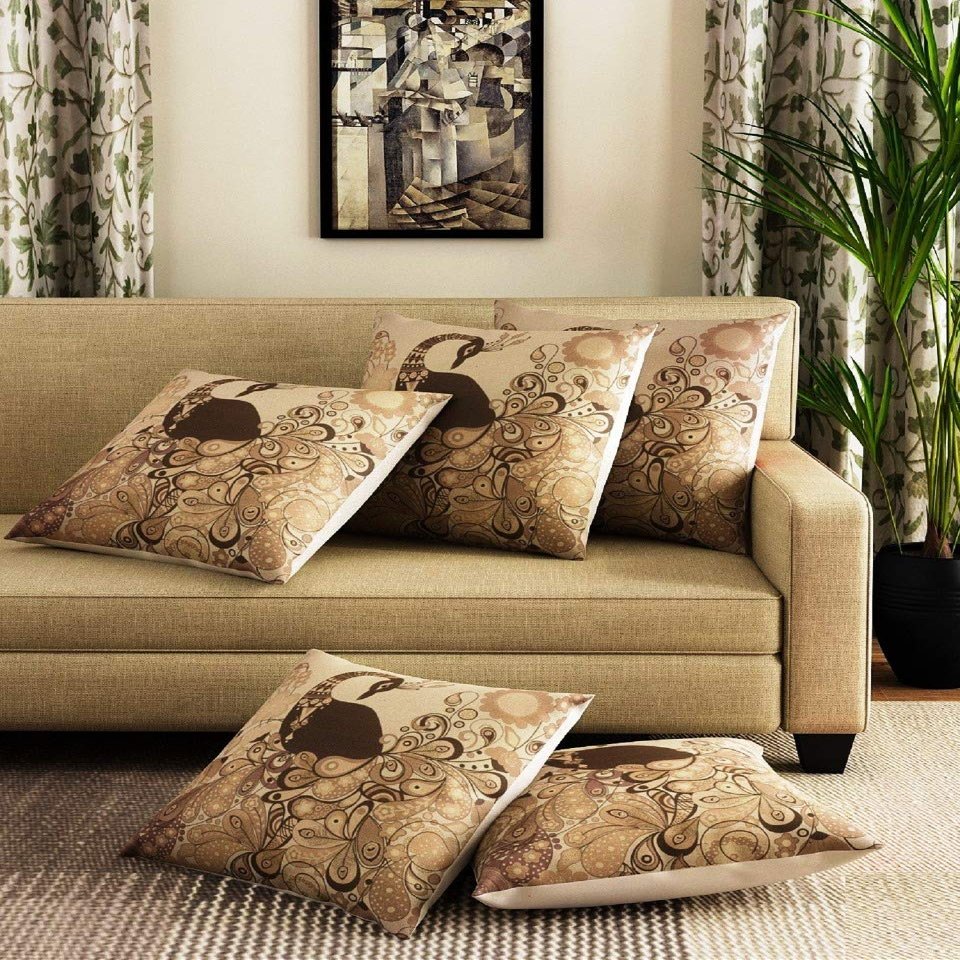 Home Solution Jute Cushion Covers - 16 inch x 16 inch, Set of 5 (Peacock-Brown)
