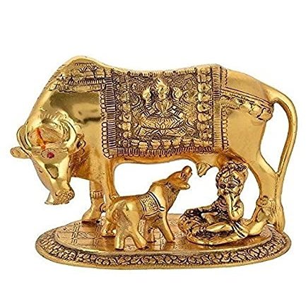 AIVIK Oxidised Figurine Decorative Gift Item (Colour Gold) Idol Showpiece in Brass Like Metal for Home Dcor Kamdhenu Cow and Calf with Krishna (Medium, Gold)