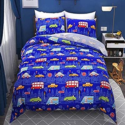 MIL Furnishings Kids Cartoon Glace Cotton Double Bedsheet with 2 Pillow Covers 90"x100" (Blue Car, Double 90" x 100")