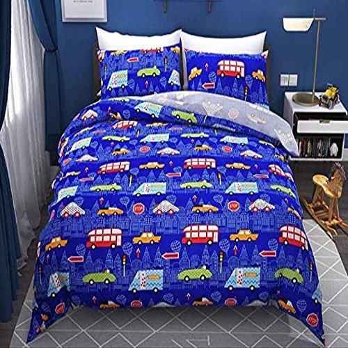 MIL Furnishings Kids Cartoon Glace Cotton Double Bedsheet with 2 Pillow Covers 90"x100" (Blue Car, Double 90" x 100")