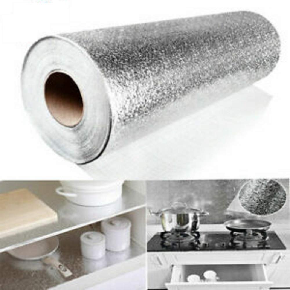LOMESH Aluminium foil Sticker Wallpaper Wall Sticker,Oil Proof Anti-fouling Heat Resistant Kitchen Back Splash Self-Adhesive Crop able for Kitchen Wall Desk Drawer -2 mtr (Silver, Pack of 2)