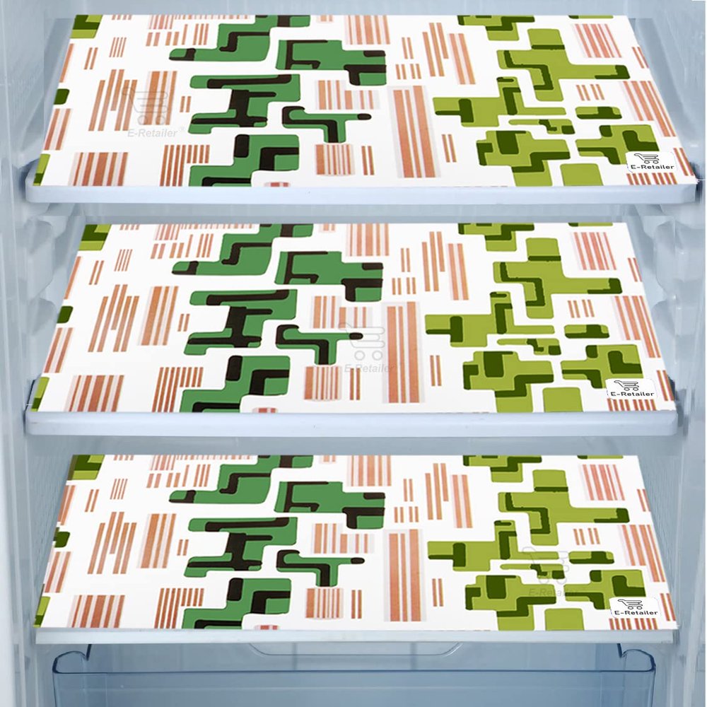 E-Retailer Waterproof PVC Refrigerator Drawer Mats/Multipurpose Mats/Fridge Mats Set of 3 Pcs (Color-Geometric Green, 17.5X11.5 Inches)
