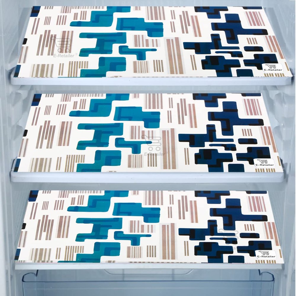 E-Retailer Waterproof PVC Refrigerator Drawer Mats/Multipurpose Mats/Fridge Mats Set of 3 Pcs (Color-Geometric Blue, 17.5X11.5 Inches)