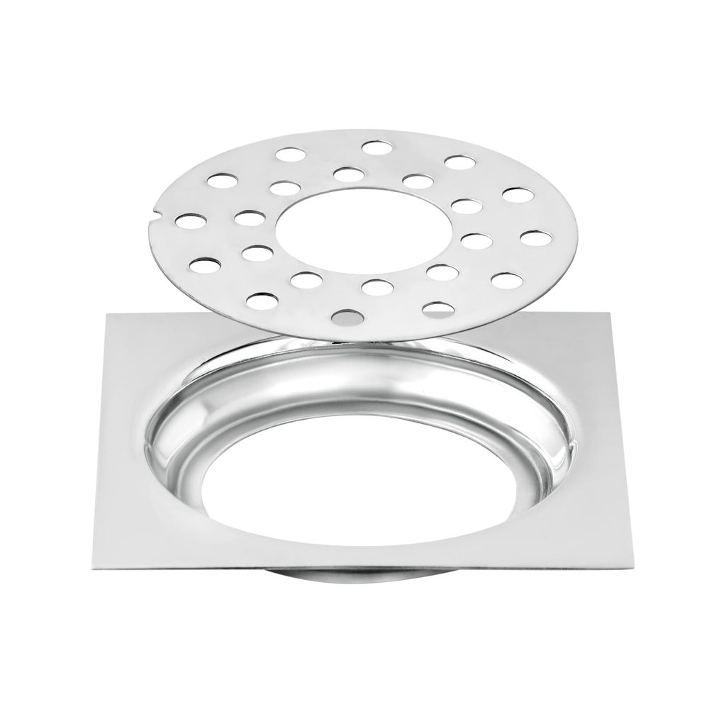 NEW WARE Square 6x6 Inch Stainless Steel Bathroom Jali/Trap Floor Drain with Center Hole and Chrome Finish Water Drain Grating
