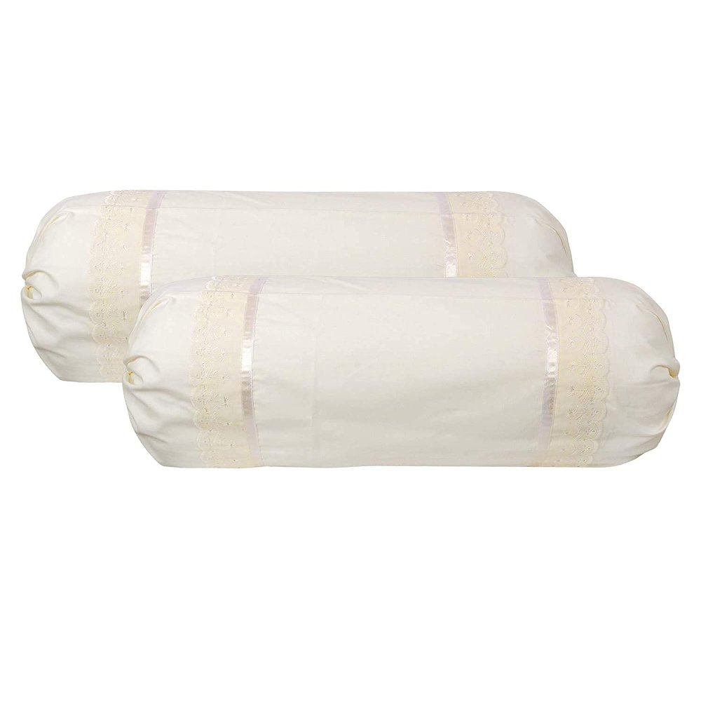 VHC 100% Cotton Lace Bolster Cover 30 * 30 Pack of 2 (Off- White)