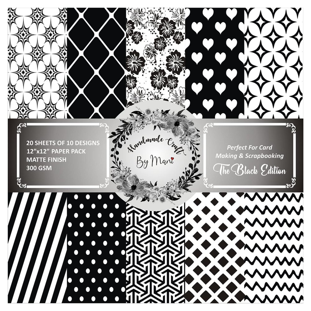Dheett Scrapbooking Paperpack 12 Inches 20 Decorative Craft Scrapbook Paper Designer Sheets 300 GSM Matte Finish Perfect for Making Greeting Cards Envelops Explosion Boxes and Albums - The Black Edition