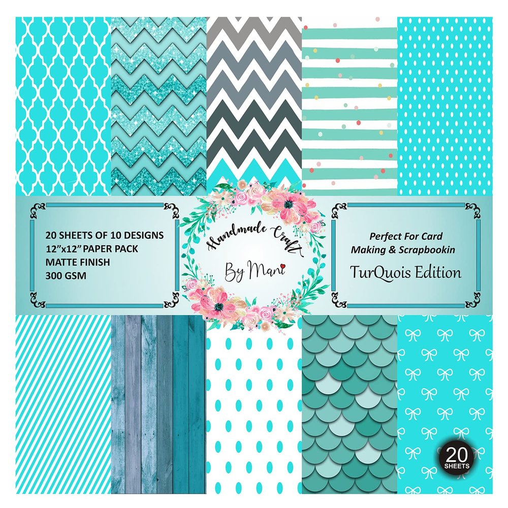 Dheett Scrapbooking Paperpack 12 Inches 20 Decorative Craft Scrapbook Paper Designer Sheets 300 GSM Matte Finish Perfect for Making Greeting Cards Envelops Explosion Boxes and Albums - Turquoise Edition