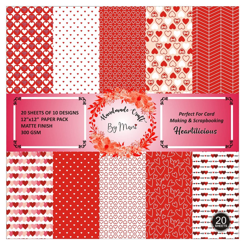 Dheett Scrapbooking Paperpack 12 Inches 20 Decorative Craft Scrapbook Paper Designer Sheets 300 GSM Matte Finish Perfect for Making Greeting Cards Envelops Explosion Boxes and Albums - Heartilicious