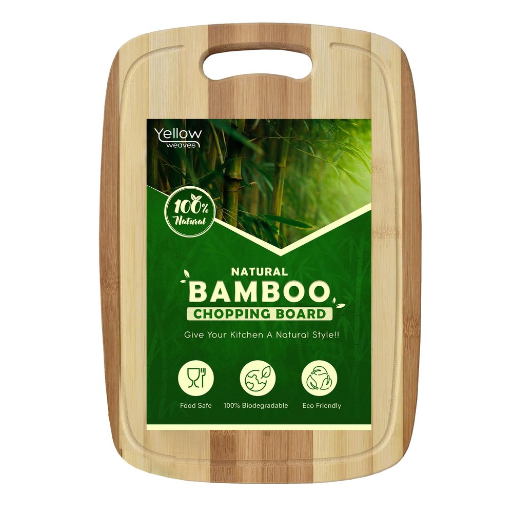 Yellow Weaves Large Bamboo Wood Chopping Board (24 x 34 CM, 2 CM Thickness) Cutting Board with Juice Groove for Vegetables, Fruits, for Kitchen Use, Eco Friendly, BPA Free, Anti Microbial