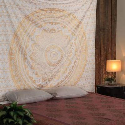 Raj Handicrafts Cotton Ombre Mandala Tapestry Single Bedsheet/Bedspread/Bed Cover Psychedelic Boho Tie Dye Printed Wall Hanging Decoration (Blue, 54 X 84 Inches, Gold)