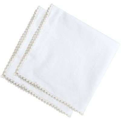 Set of 4 Pcs Cotton White Dinner Table Napkins with Pom Poms Lace 21 inch x 21 inch for Parties Homes Dining Restaurants Banquet and Hotel | Solid Heavy Fabric | 53 X 63 cm