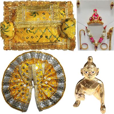 Trendy Treasures Laddu Gopal Brass Idol, Assan, Dress, Shringar Set (MUKUT+BANSURI+CHADI+KUNDAL+KADE),with Glue Assorted
