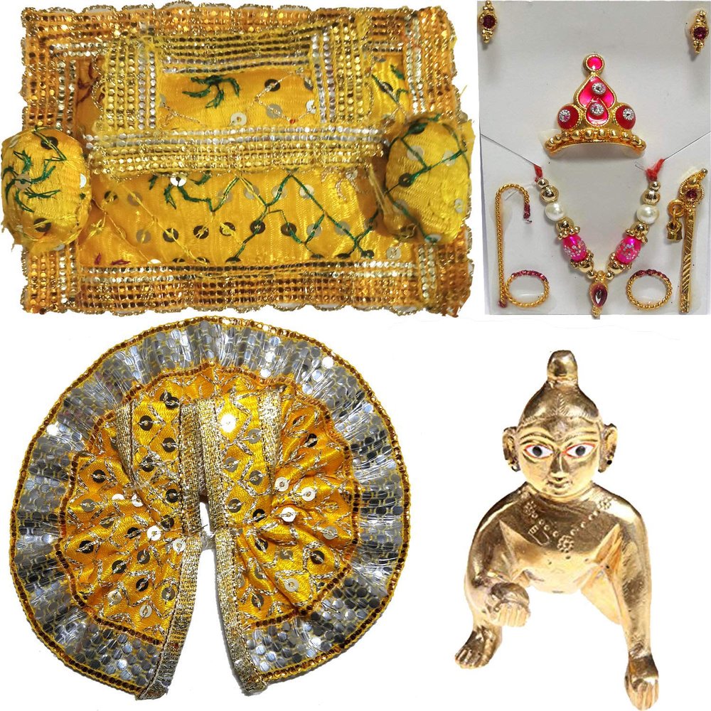 Trendy Treasures Laddu Gopal Brass Idol, Assan, Dress, Shringar Set (MUKUT+BANSURI+CHADI+KUNDAL+KADE),with Glue Assorted