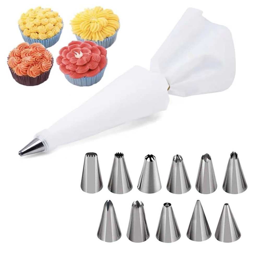 EKRON 12-Pcs Icing Nozzle Set Stainless Steel Cake Decorating Tips with Piping Bag & Coupler | Frosting, Sculpting & Pastry Decorating Tools for Cakes, Cupcakes, Cookies CH-099