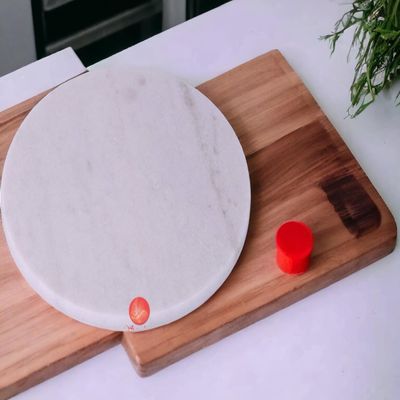 Saudeep India Makrana Marble Chakla | Anti Skid Round Rolling Pin Board Roti Maker | White Marble Polpat Chapati Roller Board(10 Inch, Belan Not Included)
