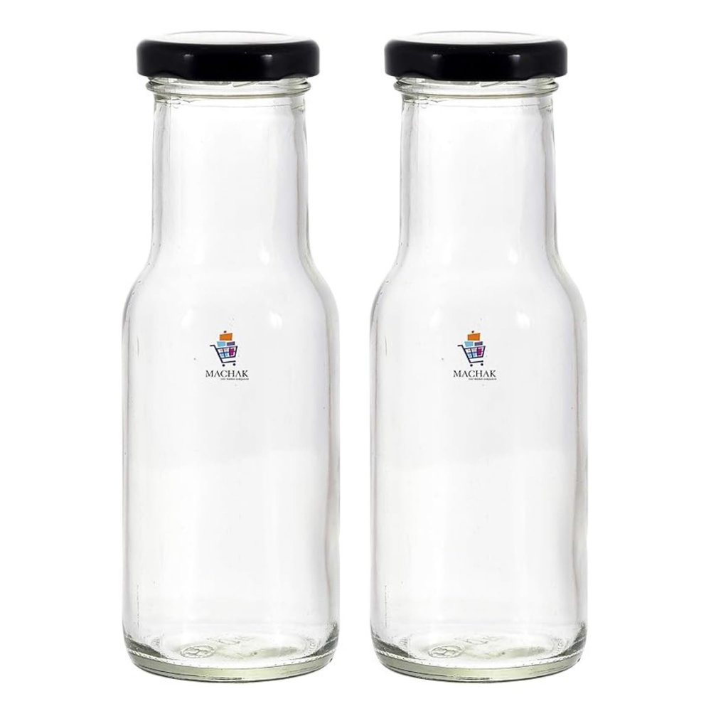MACHAK 200 ml Glass Bottles for Milk, Juice with Rust Proof & Airtight Black Cap (2 Pieces)