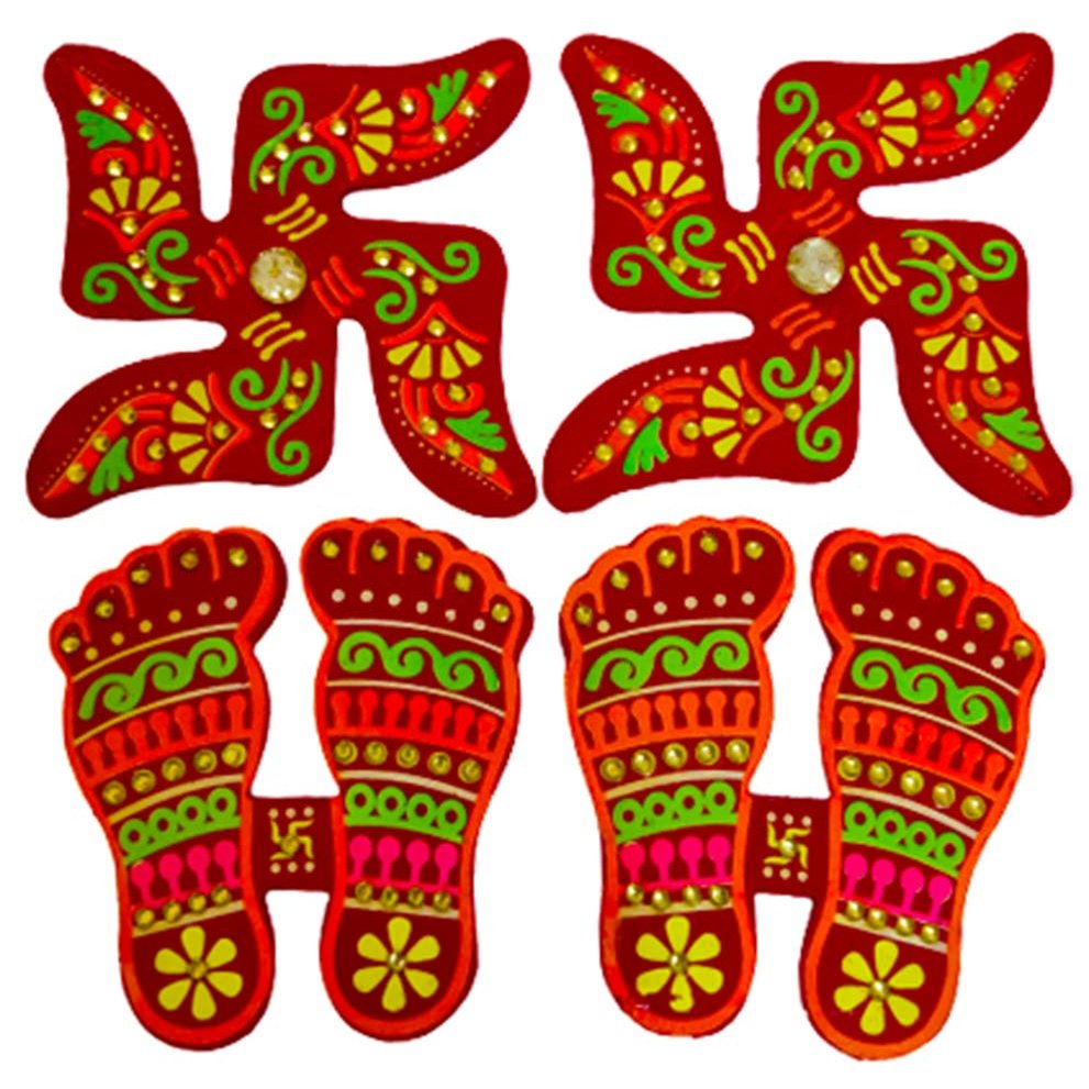 Avanti Creation Handcrafted Wooden Pair of Laxmi Feet Sticker & Swastik Sticker for Floor Decoration Wall Decoration Diwali Decoration Hindu Symbol (4X4) Inches