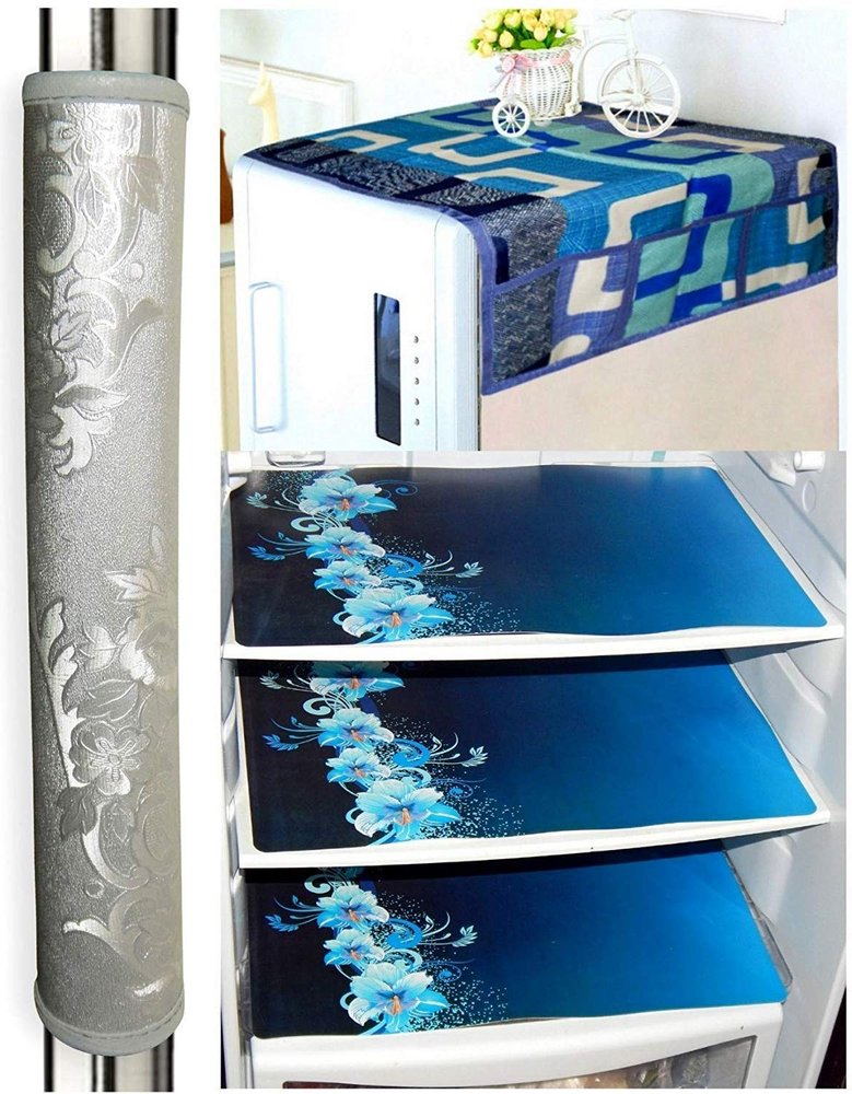 ZITIN Combo of Fridge/Refrigerator Top Cover, 1 Handle Cover and 3 Fridge Mats - Standard Size; -Set of 5 Pieces-Multicolor