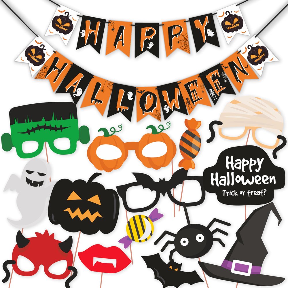 WOBBOX Halloween Party Prop Photo Booth Props DIY Kit with Bunting Banner for Party Supplies Featuring Boo Pumpkin Ghost Halloween Decorations Photo Booth Props (Combo YU)