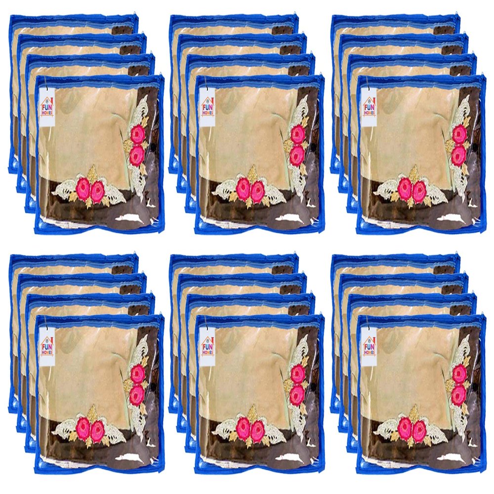 Fun Homes 24 Pieces Transparent Non Woven Single Saree Cover Bag with Zip | Floral Embroidery Saree Organiser for Wardrobe | Suit Cloth Storage Bags | Daily Use Saree Covers for Storage | Blue