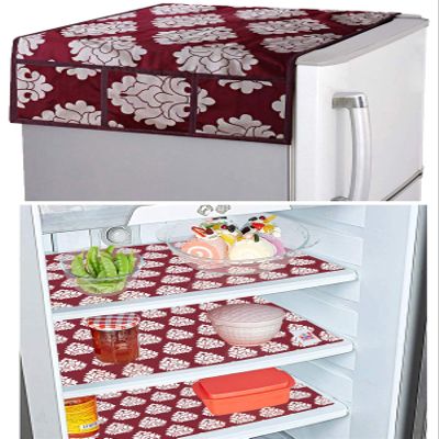 Fun Homes PVC Flower Design 3 Pieces Fridge Mats and 1 Fridge Top Cover (Maroon)