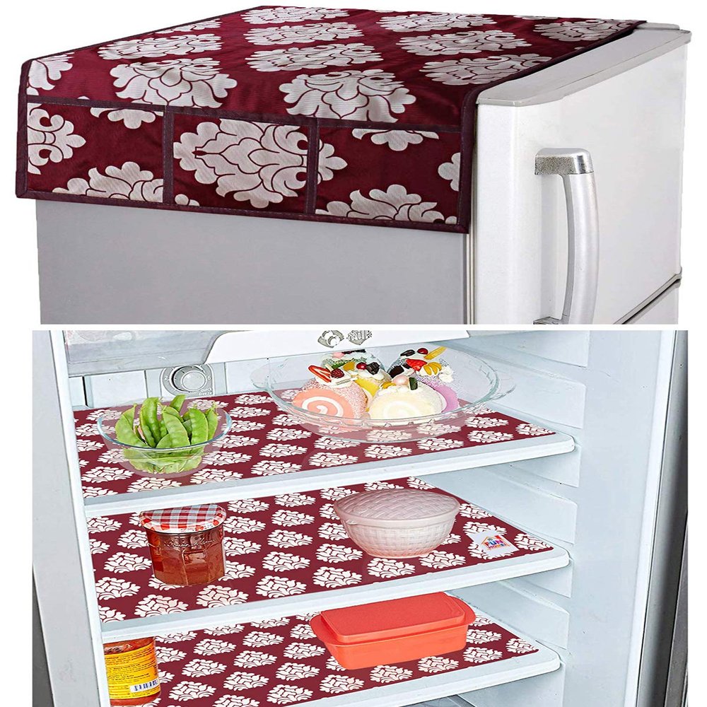 Fun Homes PVC Flower Design 3 Pieces Fridge Mats and 1 Fridge Top Cover (Maroon)