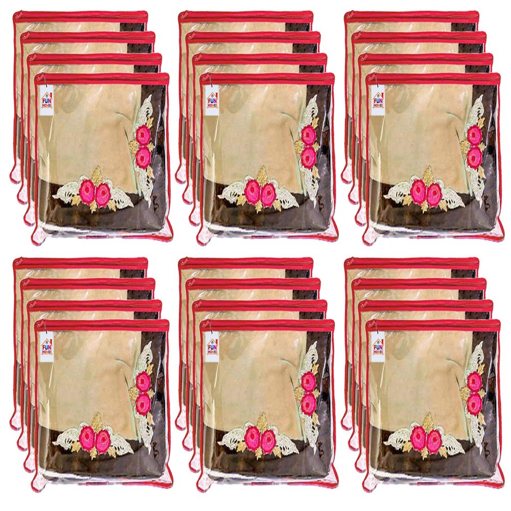 Fun Homes 24 Pieces Transparent Non Woven Single Saree Cover Bag with Zip | Floral Embroidery Saree Organiser for Wardrobe | Cloth Storage Bags | Daily Use Saree Covers for Storage | Fun0139 | Red