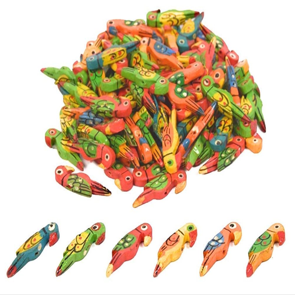 Pramod toys Wooden Parrots Beads Buttons Size 3.5 cm for Jewellery Making, Dresses, Beading, Art and Crafts and Craft Work (Multicolour) -50 Pieces