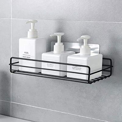 pravyta Metal Bathroom Kitchen Shelf Wall Hanging Storage Organizer Shower Caddy Kitchen Rack Self with Shampoo, Soap Holder, Magic Sticker (Black) (Black Shower Caddy)
