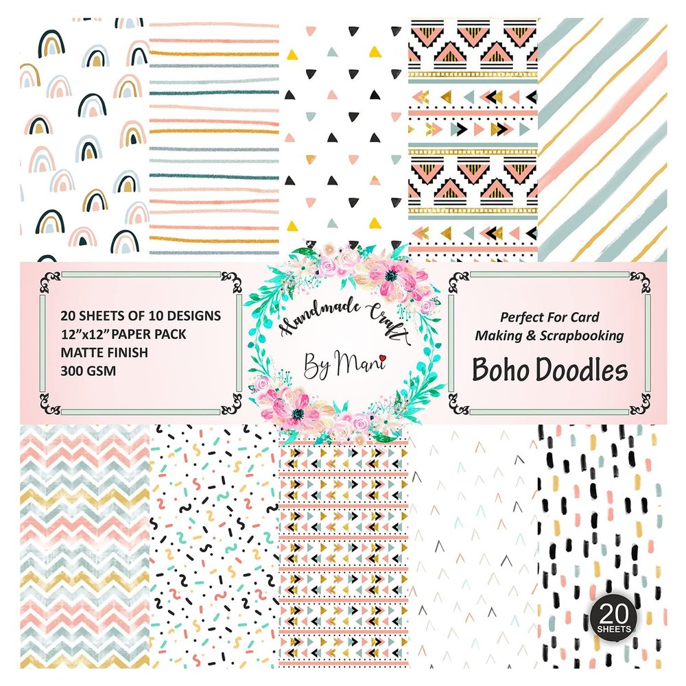 Dheett Scrapbooking Paperpack 12 Inches 20 Decorative Craft Scrapbook Paper Designer Sheets 300 GSM Matte Finish Perfect for Making Greeting Cards Envelops Explosion Boxes and Albums - Boho Doodles