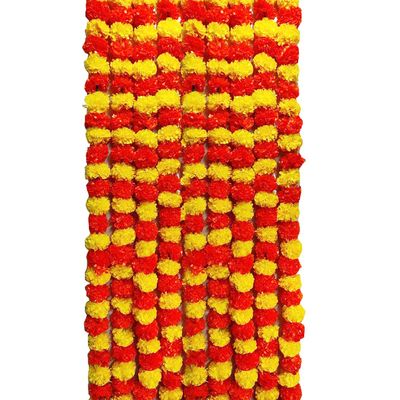 LOGRO Artificial Marigold Fluffy Flowers Garlands for Decoration - Pack of 10(Orange, Yellow)