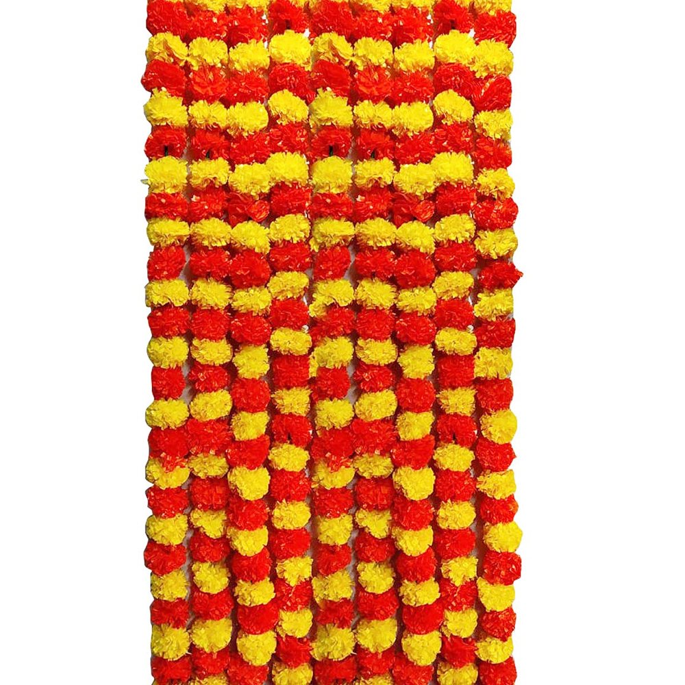 LOGRO Artificial Marigold Fluffy Flowers Garlands for Decoration - Pack of 10(Orange, Yellow)