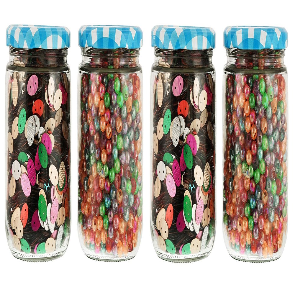 Machak Glass Jars For Kitchen Storage 500ml, Airtight, Blue Check Lids (4 Pieces)